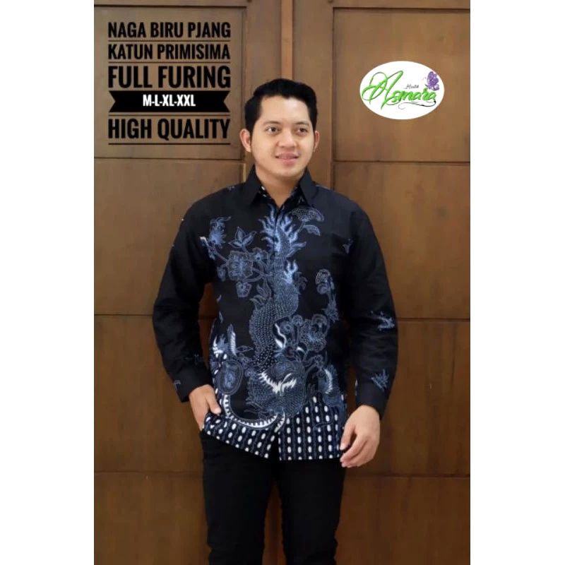 BATIK Pria Motif Naga Blue Atasan Kemeja Baju Batik Pria Cowok Laki Laki Lengan Panjang Lapis Furing