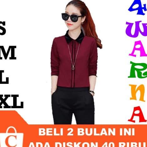 Kemeja Wanita Lengan Panjang Polos Kerah Garis Tengah MERAH MAROON