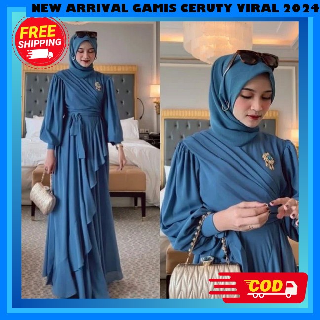 Dress Remaja Kekinian Muslim Korea Dres Ceruty Motif Bunga Gamia Syari Tterbaru Baju Gamis Wanita Te