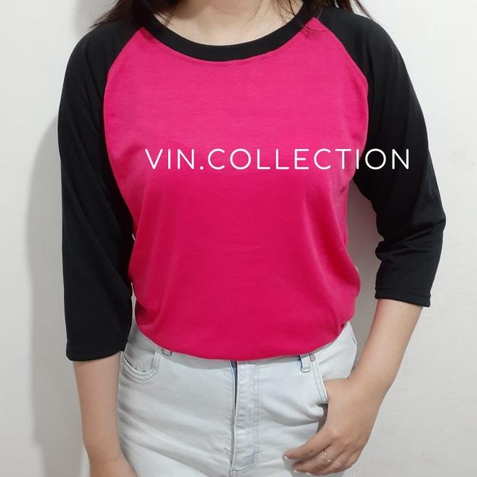 Kaos Polos Raglan Pria Wanita 3/4 - Pink Fanta Hitam