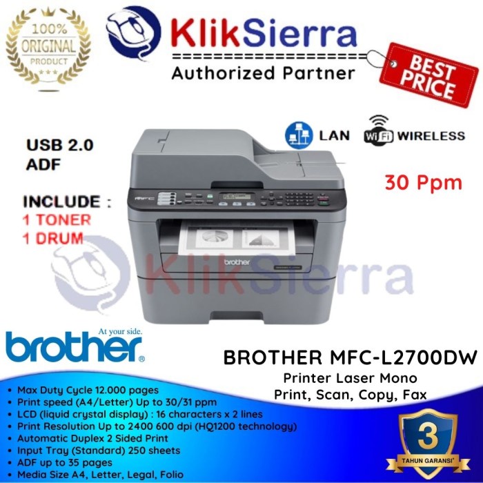 Promo Brother Mfc-L2700Dw Laser Mono Multifunction L2700 Dw