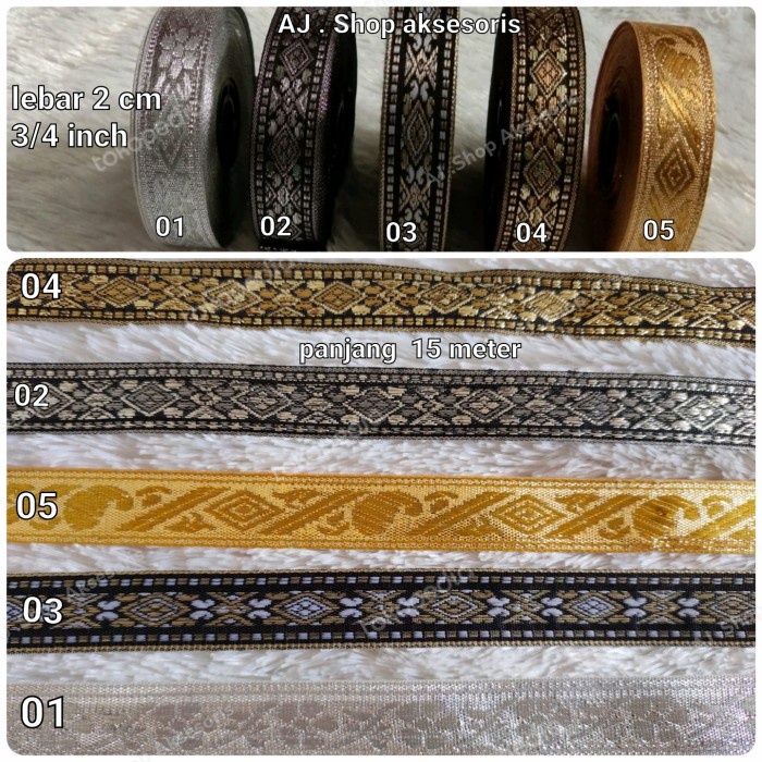 

Pita renda Gamis Motif . Gold , silver ,Hitam /lebar 2 cm