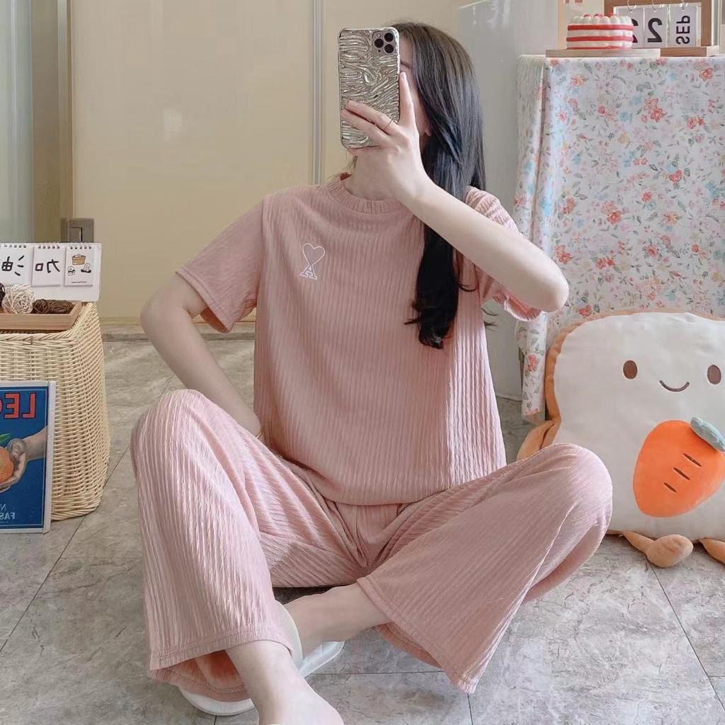 One Set Piyama Lengan Pendek Polos Pink