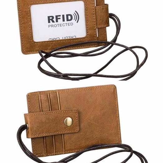 

Wl083 - Id Card Holder Rfid Protection Genuine Leather Lanyard Name Tag Gantungan Tempat Kartu Kulit