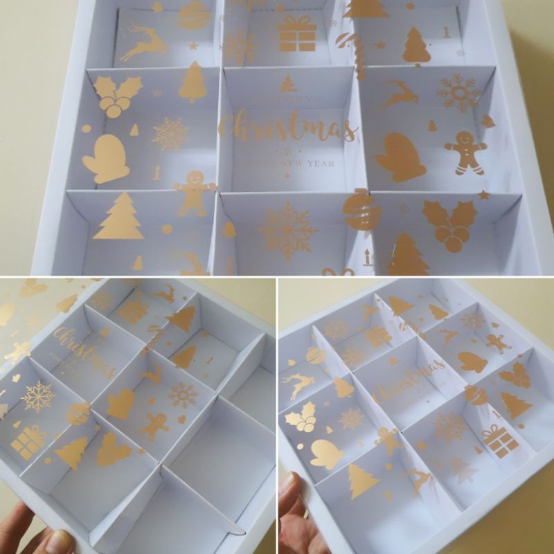 

5 pcs dus box eggtart mika motif natal putih sekat 9 size 7.3 cm