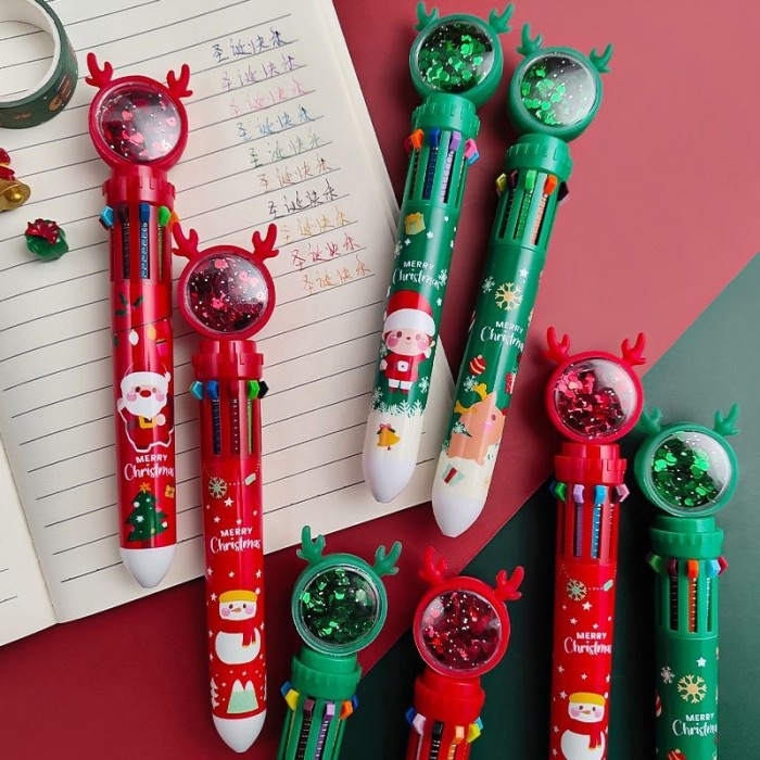 

><><><] PULPEN 10 WARNA MOTIF NATAL SANTA SNOWMAN GREEN RED BALLPOINT NATAL