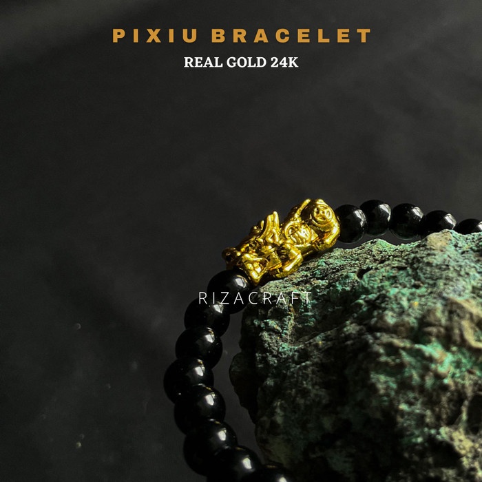 Gelang - Gelang Pria Wanita Keren Pixiu Emas Asli Mix Batu Hitam