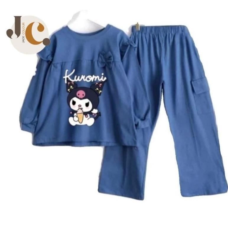 One Set Kuromi Crinkel Airflow usia 4-13 Tahun | Setelan anak remaja babydoll crinkel navy pink maru