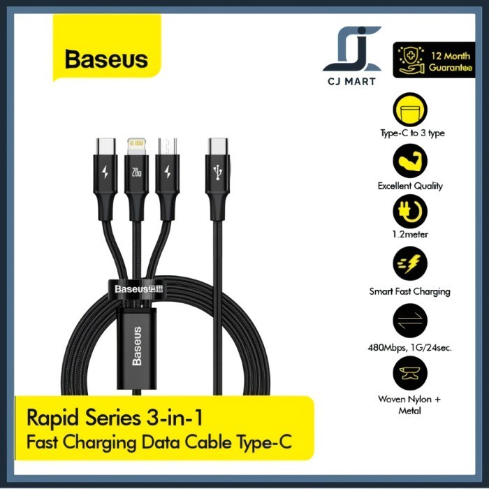 Baseus Kabel Charger Cabang 3 in 1 USB Type C to C/Micro/Lightning PD
