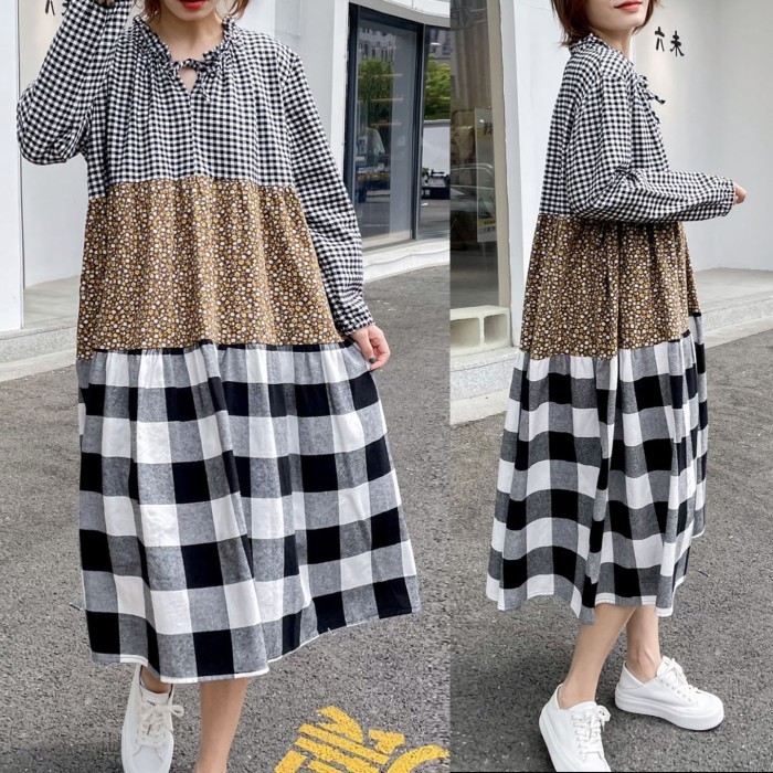 ✅New Dress Flanel Tier Kotak Hitam Putih Bunga Coklat Abu Oversize Korea Berkualitas