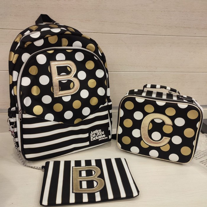 [New] Set Tas Ransel Dan Lunch Bag Justice Original Inisial Black Polkadot Diskon