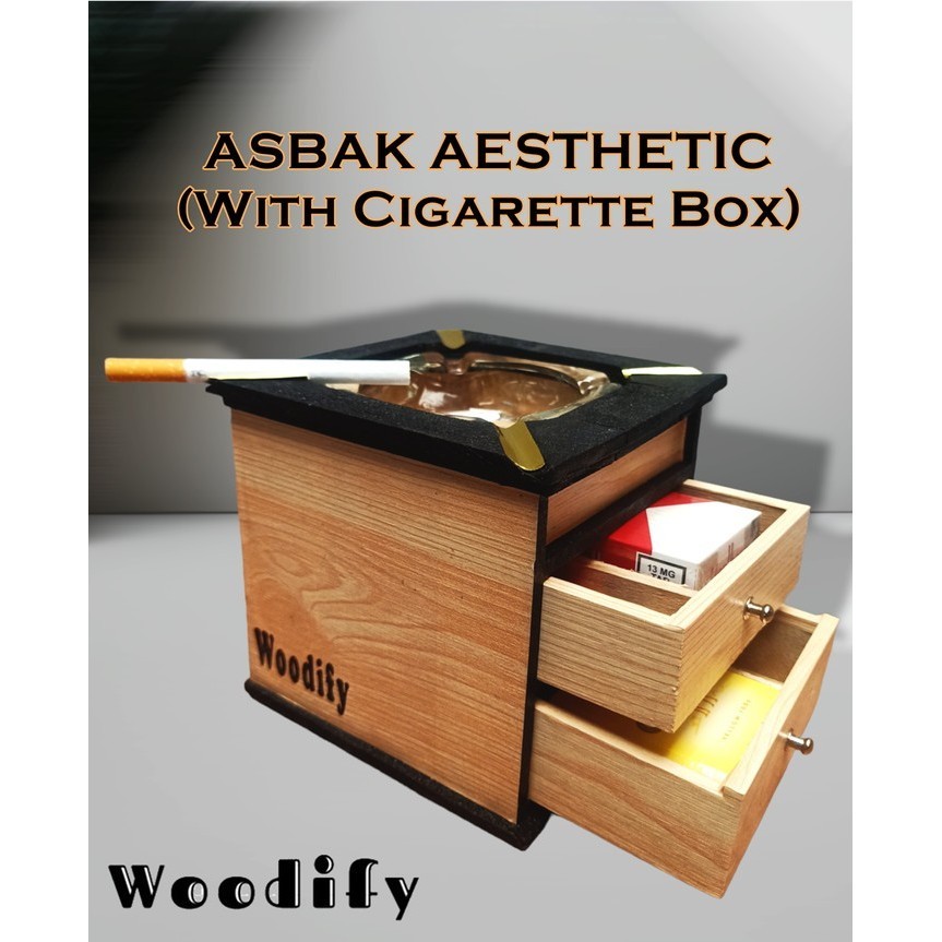 Promo Asbak / Ash Tray Aesthetic Kayu Fullset Laci Korek Gas