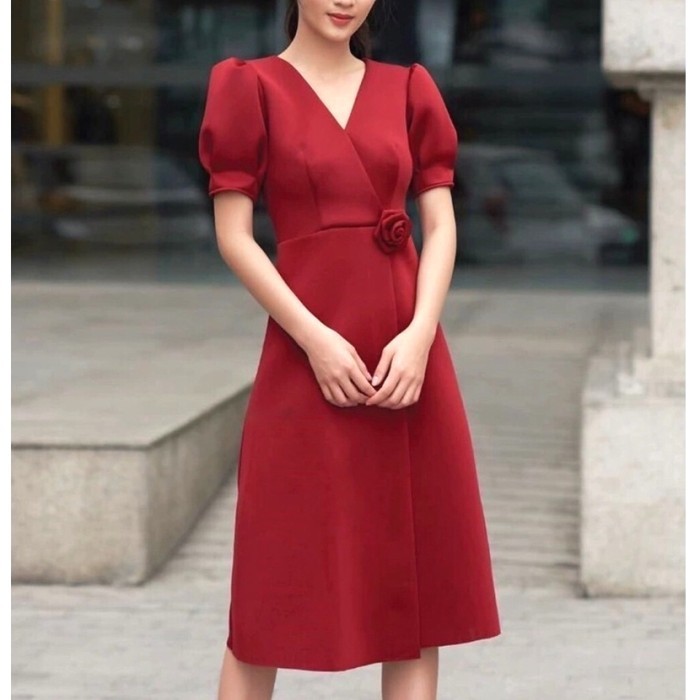 Maels Midi Dress Puffy Sleeve Classic One Rose Elegant Christmas Party Tnf