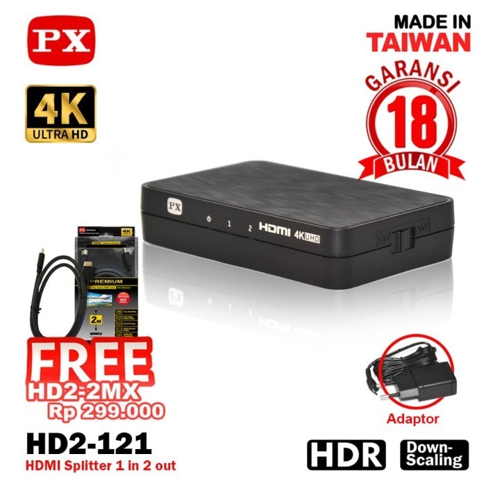 [New] Hdmi Splitter 1 Input 2 Output Video Hd 4K Hdr 2.1 Px Hd2-121 Terbaru