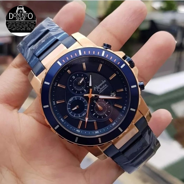 ✅Original Jam Tangan Pria Original Alexander Cristie Ac6141 Blue Rose Gold Limited