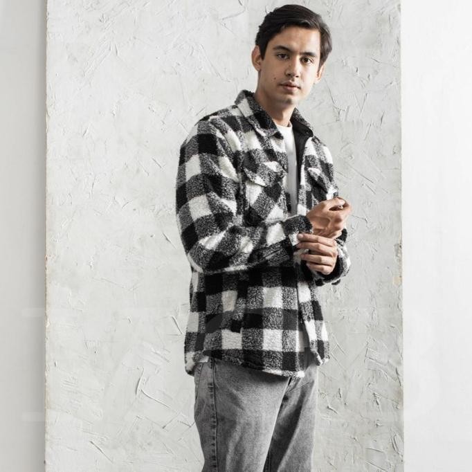 Shirt Jacket Gap Sherpa Black White Plaid Original - Size M-Xxl