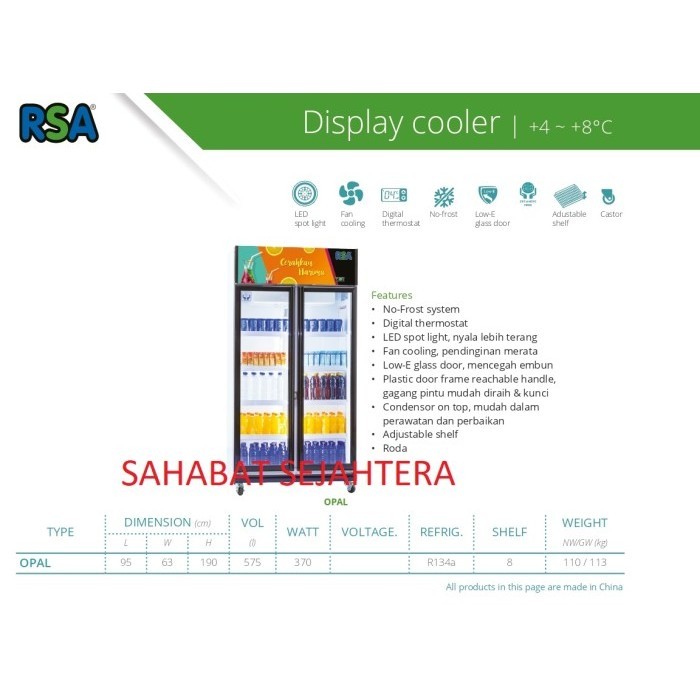 [Baru] Showcase Cooler Rsa Opal Kulkas Showcase 2 Pintu Terbatas