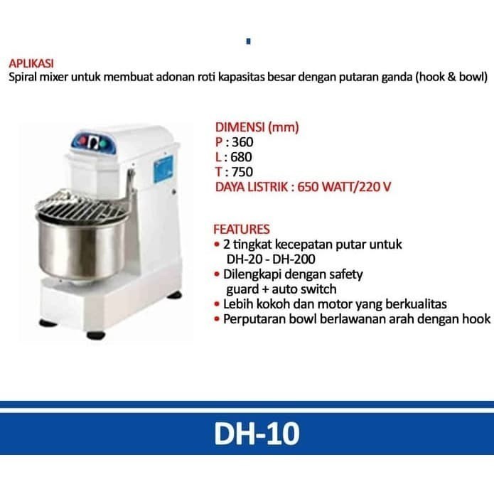 [Baru] Spiral Mixer Getra Dh-10 Mesin Membuat Adonan Roti 10L Terbaru