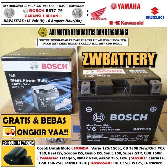 New Aki Motor Freego, Nmax, Lexi, Klx 150, Vario 150 Gtz7S Bosch Agm Mf Gratis Ongkir