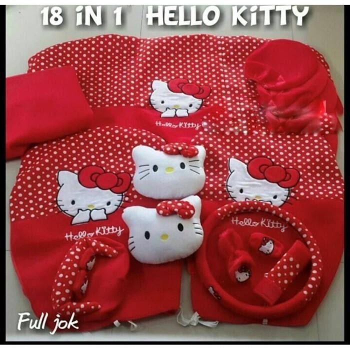 SARUNG JOK MOBIL BANTAL MOBIL 18 IN1 HELLO KITTY MERAH HITAM PREMIUM