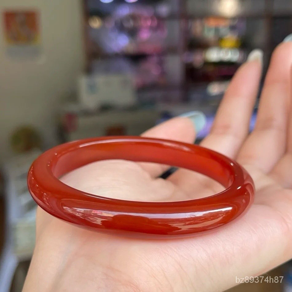 aGelang Batu Akik Bulat Tipis Batu Akik Merah Brasil Gelang Giok Carnelian Retro Gelang Merah Murni 