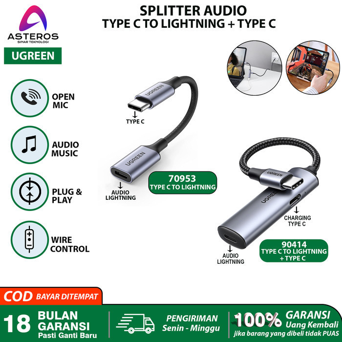 Converter Splitter Type C To Iphone UGREEN MFI Audio + Call Open Mic
