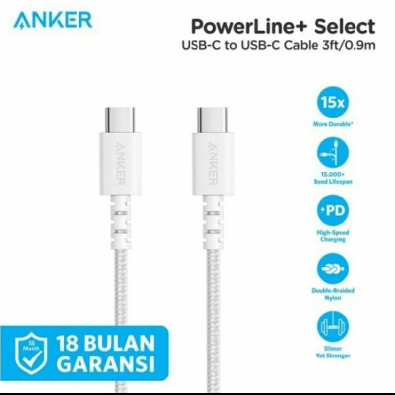 Kabel charger anker powerline select+ C to C 2.0 3ft-A8032- Hitam putih