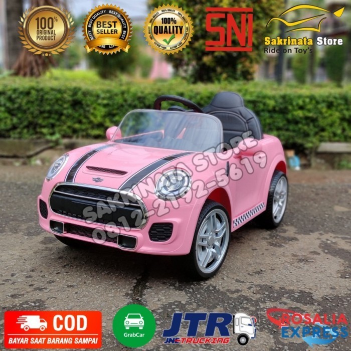 Mini Cooper Pink Jok Kulit Mainan Mobil Aki Anak Perempuan