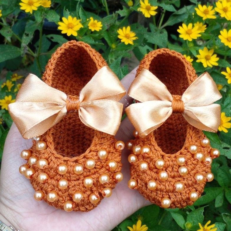 "Super Sale" catalog 1 sepatu bayi perempuan rajut hias pita cantik lucu murah bisa custom ||