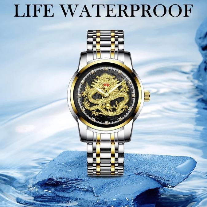 Model baru - Sunlifex Jam Tangan Pria Naga Emas Stainless Steel Dragon Gold Quartz ~