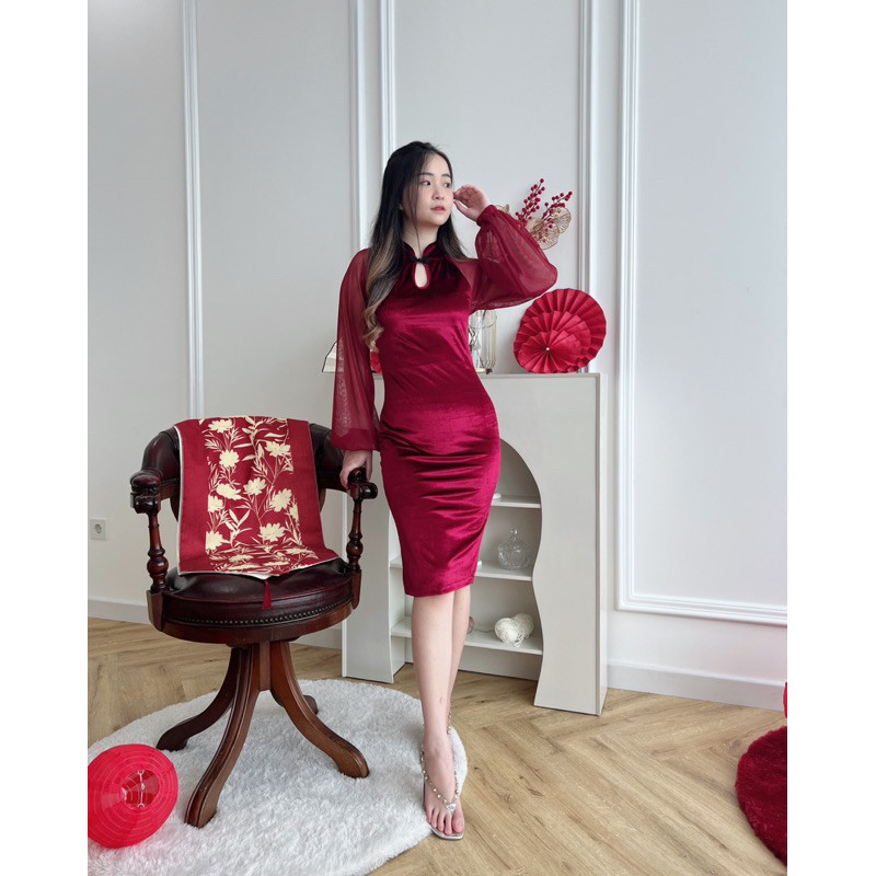 Dress Imlek Dewasa Wanita 2024 Perempuan Cina Ceongsam Couple Sexy Bordir Merah Midi Natal Mididress