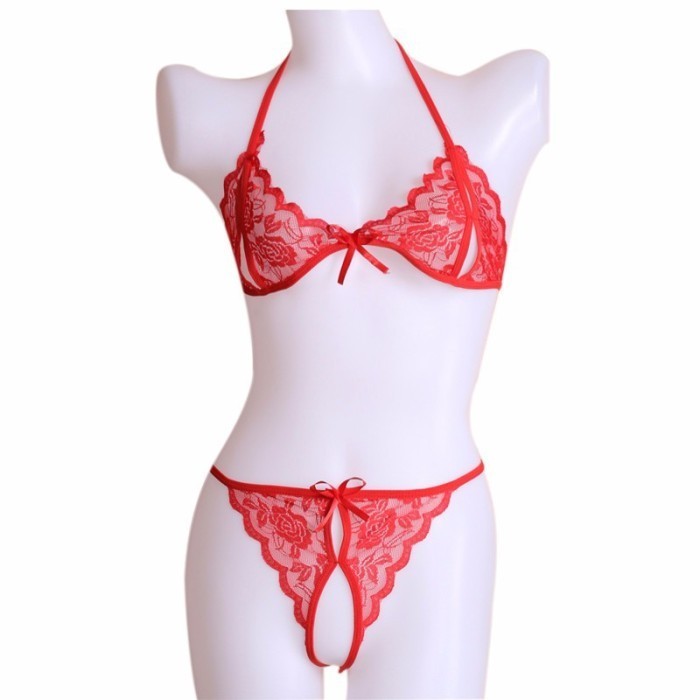 BRA SET OPEN G STRING LINGERIE WANITA LACE BRA TRANSPARAN SEXY A129 - MERAH, ALL SIZE PRODUK