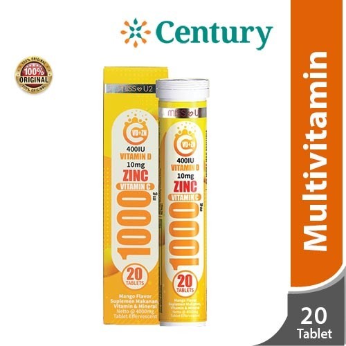 Miss U2 Vitamin C 1000, Vitamin D, & ZINC - Tablet Effervescent Manggo 20's