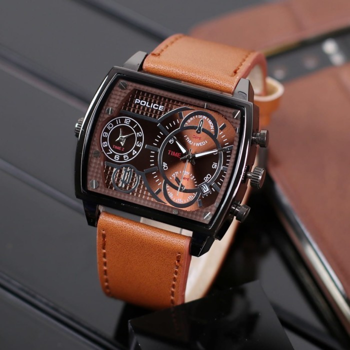 jam tangan pria Police tali Kulit Dual Time / Double Time -tngal aktif
