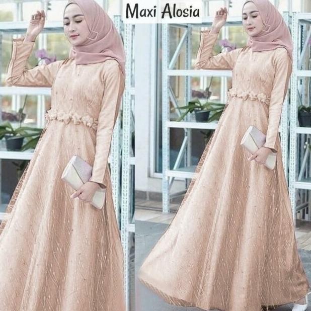 ARU ALOSIA brukat mutiara maxi dress gamis syari pakaian muslim wanita