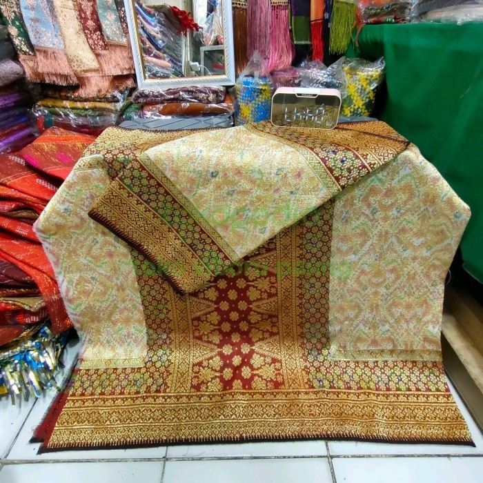 Songket Palembang asli tenun motif 3 negri tumpal marun