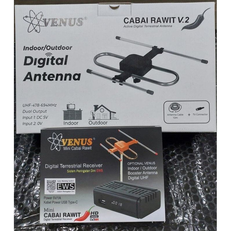 Set Top Box Dvbt2 Paket Receiver Tv Venus Cabai Rawit + Antena Digital