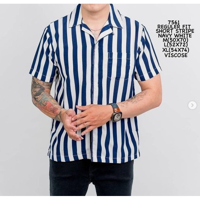 KEMEJA PENDEK PRIA MOTIF GARIS STRIPE PUTIH HITAM NAVY VERTIKAL - Biru
