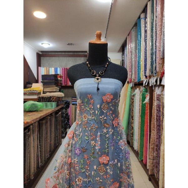 Naenggo Kain Tile Bordir Brokat Bunga 3D Timbul Multicolor Dusty Blue