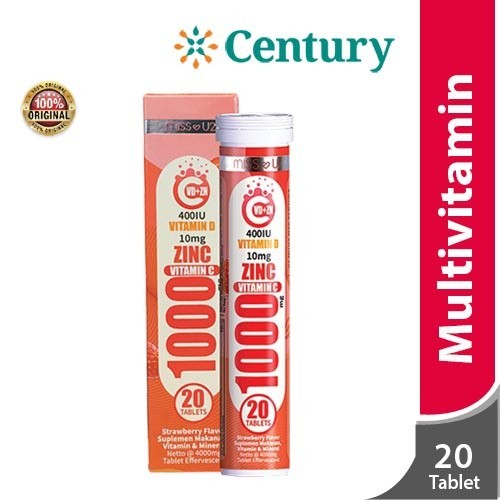 Miss U2 Vitamin C 1000, Vitamin D, & ZINC - Tablet Effervescent Strawberry 20's