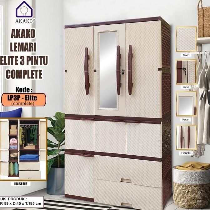 Lemari Pakaian Plastik Lp3P Jumbo Akako Elite 3Pintu Laci Gantung Kaca Xanexa
