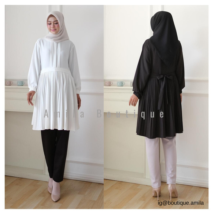 Tunik Wanita Hitam Putih Polos / Tunic Muslim / Top Blouse Cewek Ria
