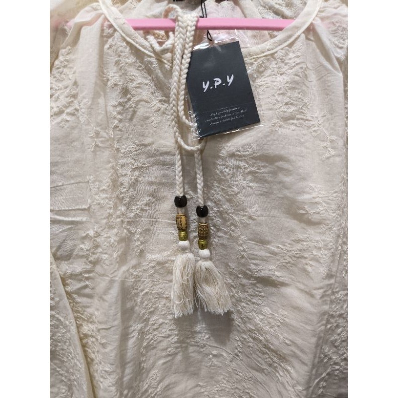 YPY One set Setelan Celana Pendek Bordir Dress Katun Linen Krem Cantik Bohemian style