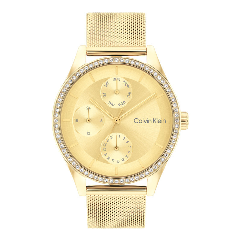 Jam Tangan Wanita Calvin Klein Spark 25100011 Multifunction Gold Dial Gold Mesh Strap