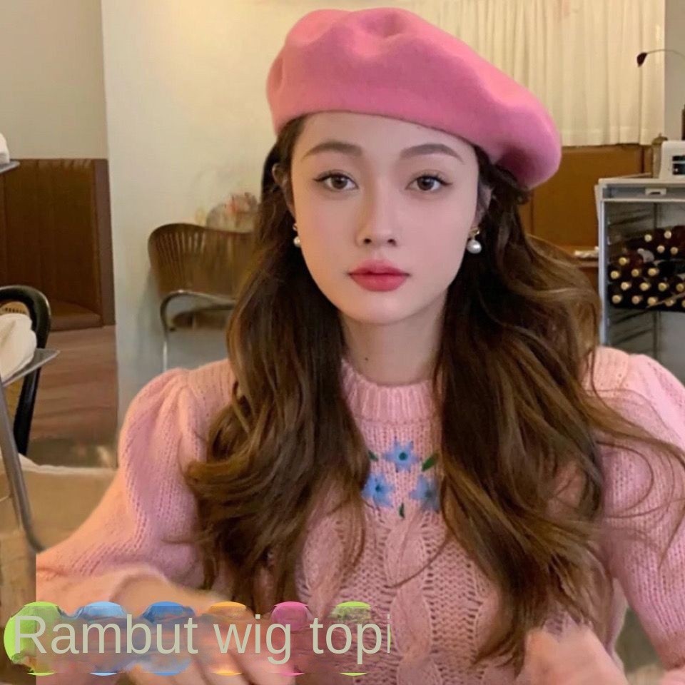Topi Wig Wanita Musim Gugur dan Musim Dingin, Baret Merah Muda Ungu Wol Inggris Baret Wajah Temperam