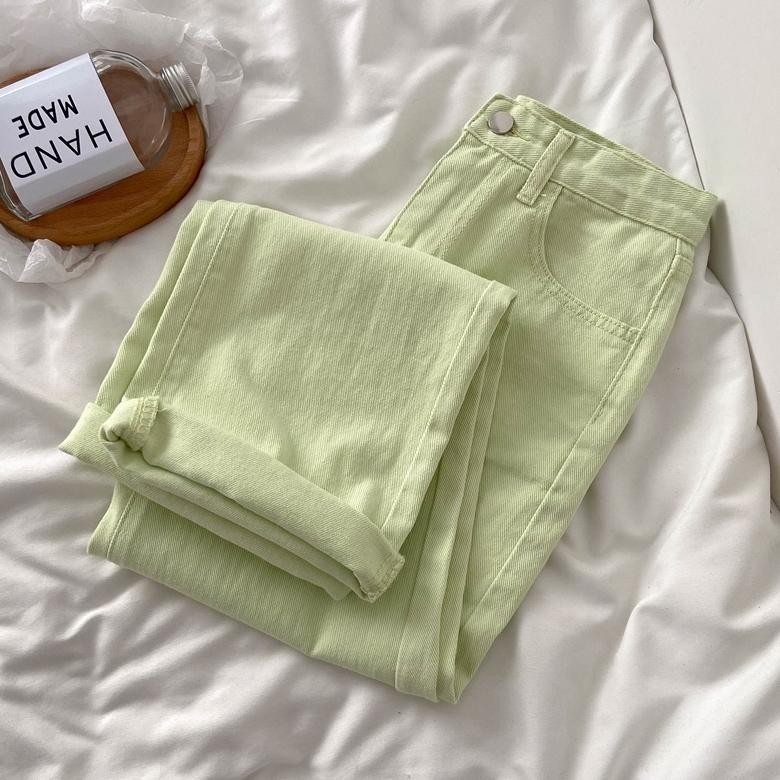 Jeans Highwaits Celana Wanita /Straight Kasual Jeans Wanita /Warna Kuning HijauRealpict