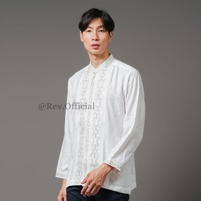 Baju koko Putih Bordir Emas Lengan Panjang jaquard Premium Murah