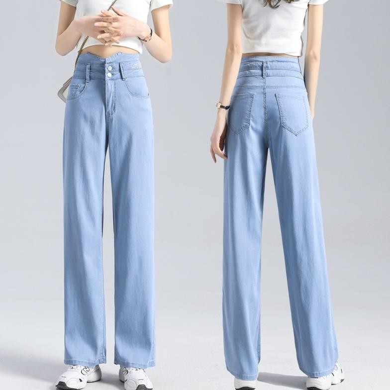 Jeans Celana Jeans Wanita Highwaist Lurus Longgar Gaya Korea Style