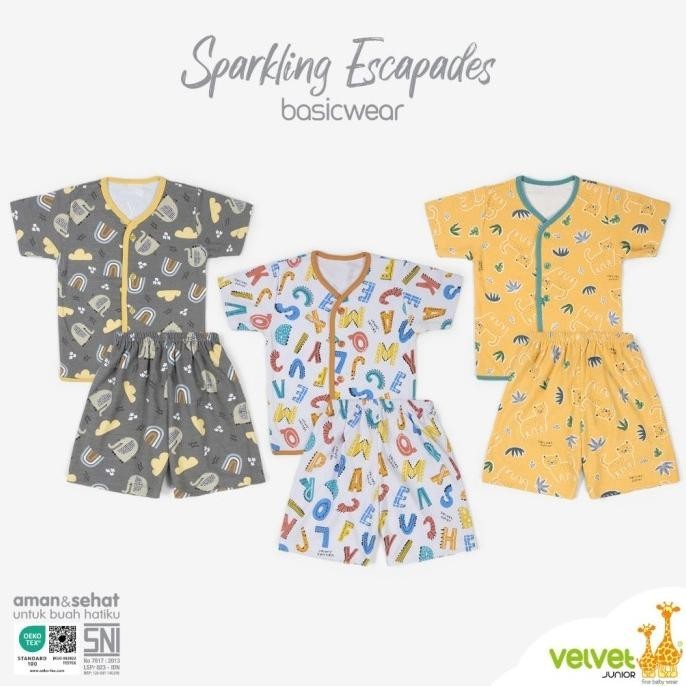 Velvet Junior Motif Terbaru Kancing Tengah + Celana Pendek - 3pcs