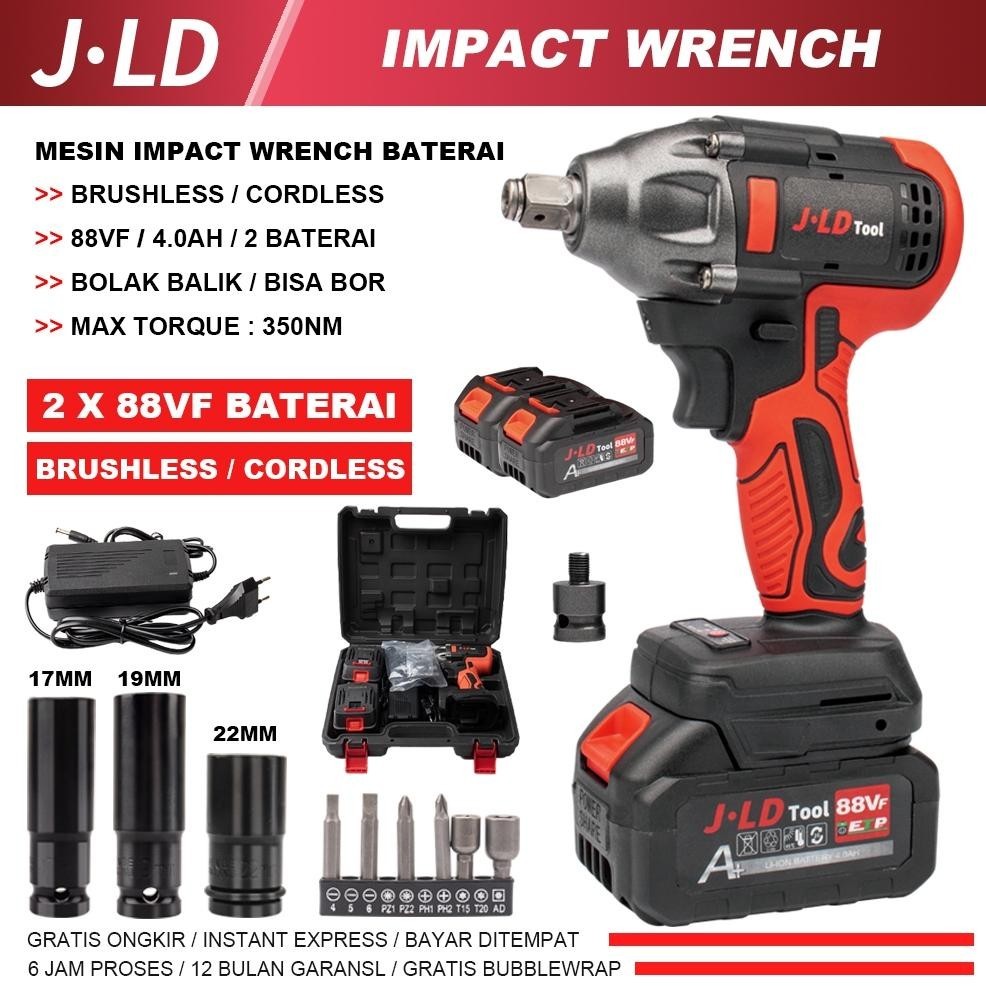 JLD 13MM CORDLESS IMPACT WRENCH BRUSHLESS 350N.M impact baterai 48VF MESIN BOR JV88 UNTUK BAUT MOBIL